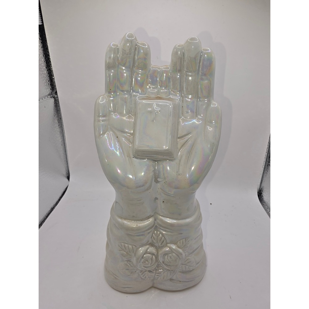 Vintage Iridescent Ceramic Praying Hands Figurine Pearlized Religious Decor 10"